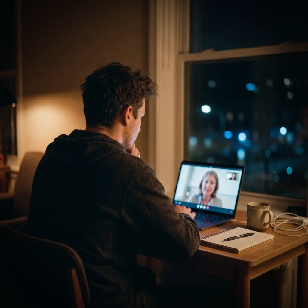 Un jóven adulto encontrando acompañamiento online